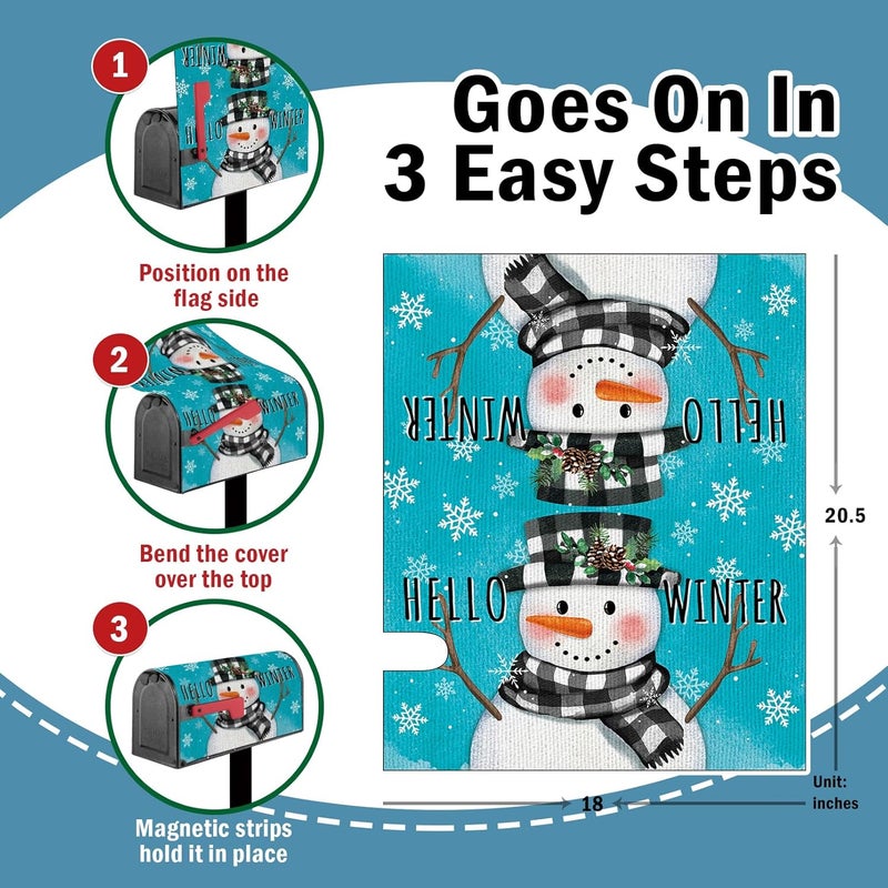 FBCOO Hello Winter Snowman Blue Mailbox Cover Magnetic Standard Size 20.5" x 18", Buffalo Plaid Check Snowflake Decorative Post Letter Box Decor, Christmas Holiday Farmhouse Garden Outdoor Decoration - Image 2
